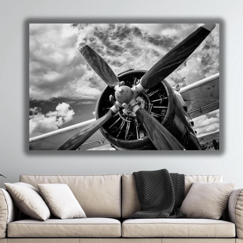 Vintage Airplane Propeller Wall Art Ready to Hang, Black White Aircraft ...
