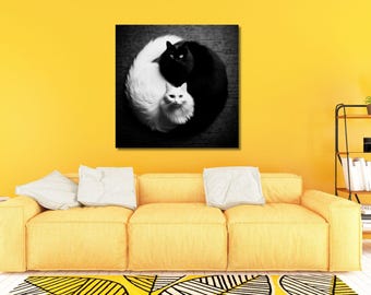 Black and White Cat Poster Print, Cute Cat Wall Art, Cute Kitten Illustration Art, Cat Lover Gift, Funny Cat Poster, Ready To Hang Canvas