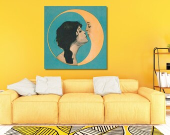 Dear Old Dixie Moon Songbook Cover Canvas, Vintage Woman Kissing Moon Print,Vintage moon Art Print, Crescent Moon Print,Ready to Hang Canvas