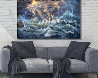 Jesus Saves Peter From Drowning Ready To Hang Canvas Poster,Jesus Canvas,Scripture Canvas Wall Art,Jesus Poster,Jesus Canvas,Christian Gift,