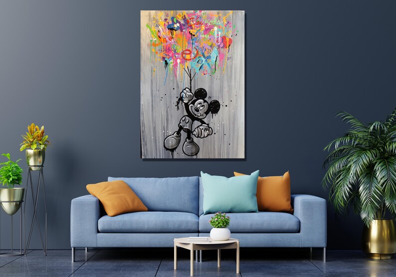 Banksy mit Luftballons Micky Maus Poster, Banksy Graffiti Leinwand, Wandkunst Design, Banksy Micky Maus Leinwand Graffiti Hands Arts, fertig zum Aufhängen Bild 2