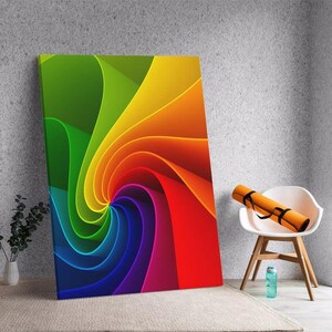 a colorful painting on a wall next to a chair