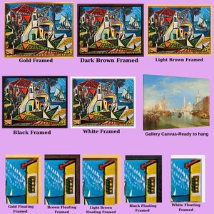 a collection of framed artworks, including paintings and photographs, with various frames and styles. The artworks are labeled with different frame types such as gold, dark brown, light brown, black, white, and gallery canvas-ready to hang.