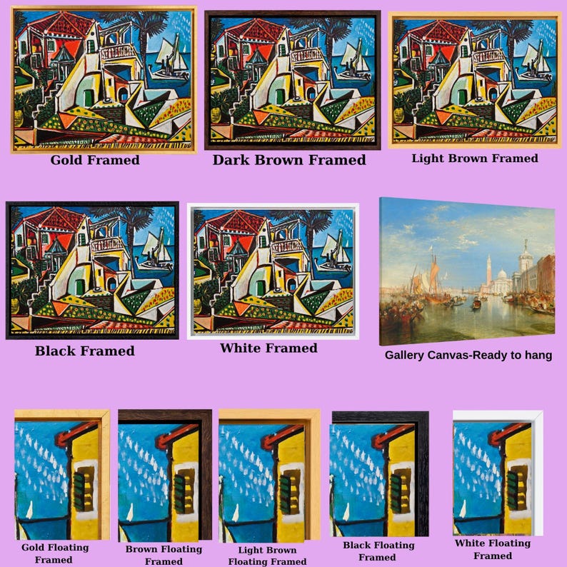 a collection of framed artworks, including paintings and photographs, with various frames and styles. The artworks are labeled with different frame types such as gold, dark brown, light brown, black, white, and gallery canvas-ready to hang.