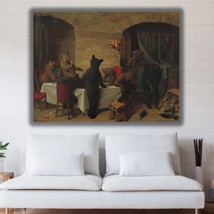 May include: An oil painting depicting a group of anthropomorphic bears gathered around a dining table in a stone-walled room. The bears are seated on chairs, standing, and interacting with bottles and glassware, with several dark bottles scattered on the floor.