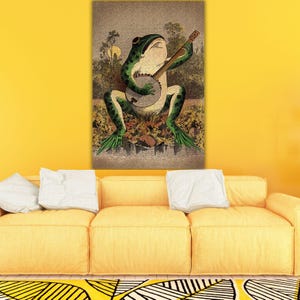 A Frog Playing Banjo in The Moonlight Ready to Hang Canvas Print Vintage Frog POSTER Frog Wall Art Cute Art Print Funny Wall Art Wall Decor