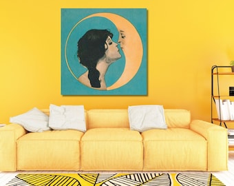 Dear Old Dixie Moon Songbook Cover Canvas, Vintage Woman Kissing Moon Print,Vintage moon Art Print, Crescent Moon Print,Ready to Hang Canvas