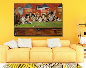 May include: A rectangular wall art print depicting a group of dogs wearing hats and accessories playing billiards on a green table. The scene features a warm orange background, hanging lamps, and a sign labeled RULES, rendered in a painterly style.