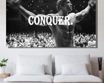 Arnold Schwarzenegger CONQUER Canvas, Body Building Wall Hanging, Tapestry Bodybuilding workout fitness, Arnold Schwarzenegger Ready To Hang