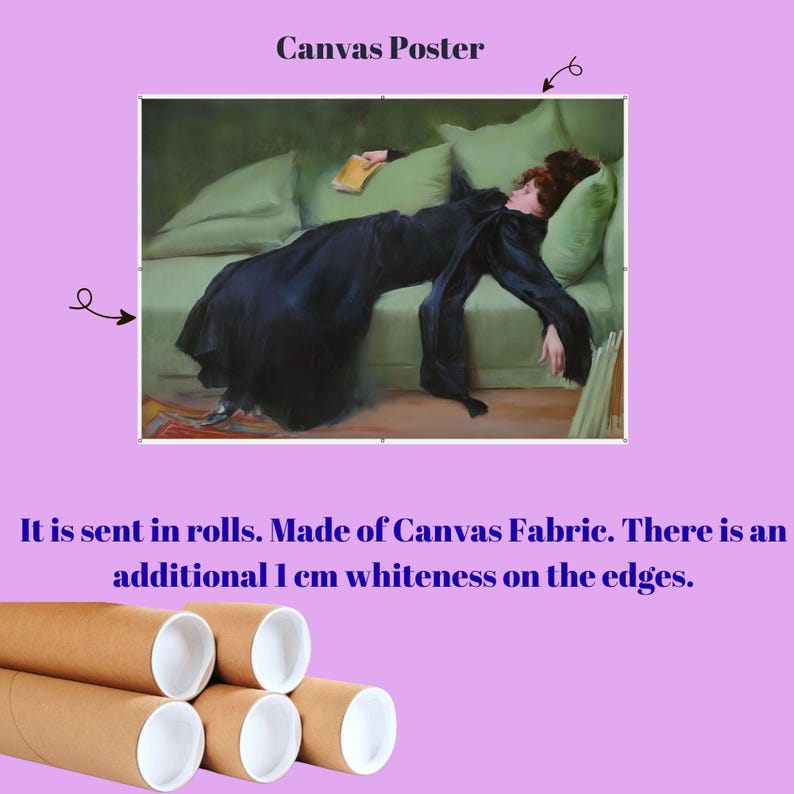 The image is a canvas poster depicting a woman in a black dress lying on a green couch, with a caption describing the poster as a roll of canvas fabric and an additional 1 cm whiteness on the edges.