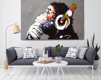 Banksy Dj Monkey Print Canvas Wall Art,Banksy Dj Chimpanzee Wall Art Print,Graffiti Canvas Art,Living Kids Room Decor,Modern Wall Art Decor