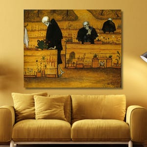 May include: A painting of three skeletons tending to a garden. The skeletons are wearing black robes and are standing in a garden with wooden planters. The painting is done in a dark, earthy palette.