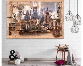 Quadro su tela steampunk, stampa su tela vintage, decorazione murale steampunk, decorazioni murali con macchine industriali retrò per casa e ufficio, arte decorativa vintage