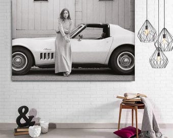 Joan Didion in Front of Stingray, Journalist writer, Joan Didion Poster Canvas Art, Famous Woman Painting,Home Decor, Oversize Wall Art