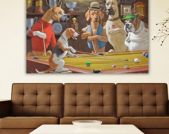 May include: A wall art print depicting a group of anthropomorphic dogs playing billiards on a green felt table. The scene features a boxer in a red sweater, a beagle, a dog in a blue vest and bowler hat, a tall dog, and a bulldog in a green cap.