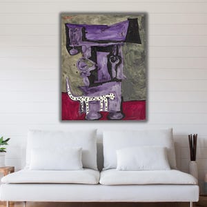 May include: Abstract painting featuring a purple figure with black accents and a white spotted animal. The artwork has a red base and a gray and green background. Signed "Picasso" in the upper left corner.