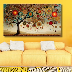 May include: A rectangular wall art print featuring a stylized tree with a dark trunk and branches adorned with numerous colorful circular patterns in shades of red, orange, blue, and brown, set against a light beige background with a textured ground.