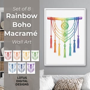 May include: A framed watercolor print of a rainbow macramé wall hanging. The artwork features a central diamond shape with cascading strands and tassels in various colors. The text "Set of 8 Rainbow Boho Macramé Wall Art" is displayed, along with smaller prints.