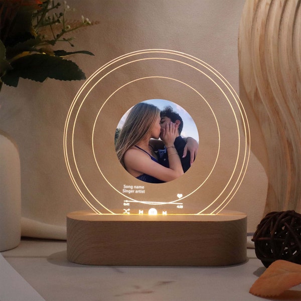 Circular Acrylic Music Plaque LED Light, Personalized Photo Song Plaque Night Light, Custom Album Cover, Couple Night Light Gifts