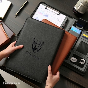 Cartella A4 in pelle incisa personalizzata, organizer per documenti da lavoro, portadocumenti da viaggio personalizzato, cavo dati, porta biglietti da visita, regalo unico