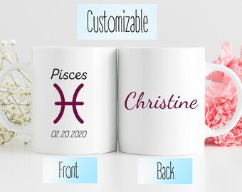 Pisces Zodiac Sign Customizable Name Coffee Mug. Displayed in purple berry color design on a white ceramic or black accent coffee cup.