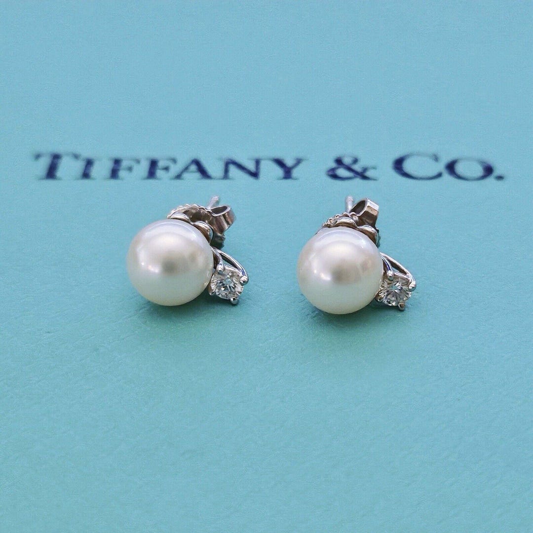 Tiffany & Co 18k White Gold Diamond Akoya Cultured Signature Pearl Stud ...