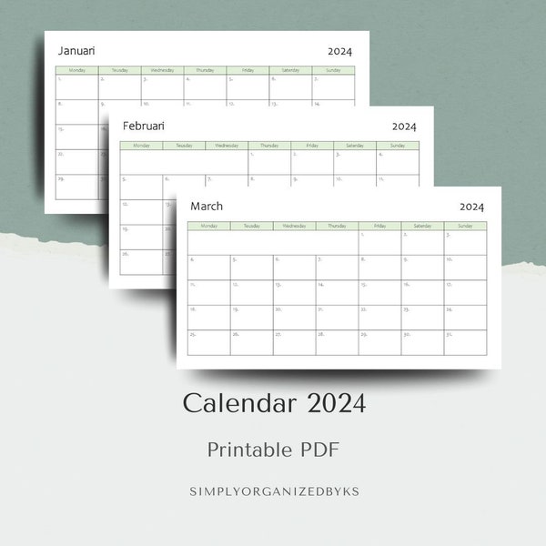 Calender 2024 - Kalender 2024 - Jaarplanner 2024 - Wandkalender 2024 - Monday start - Printable PDF - A4 format