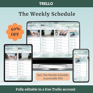 Könnte beinhalten: Eine digitale Grafik, die eine wöchentliche Zeitplanvorlage bewirbt. Das Bild zeigt ein Tablet, einen Laptop und ein Smartphone, die den Zeitplan anzeigen. Der Text enthält "The Weekly Schedule", "40% OFF" und "Incl. The Weekly Schedule in printable PDF".