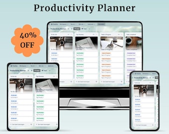 May include: A digital productivity planner displayed on a tablet, phone, and computer screen. The screens show a Trello interface with task lists and priority settings. The image includes the text "Productivity Planner" and "40% OFF".