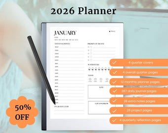 2026 ReMarkable Planner Template: Hyperlinked Daily, Monthly, Project Pages (PDF Download)