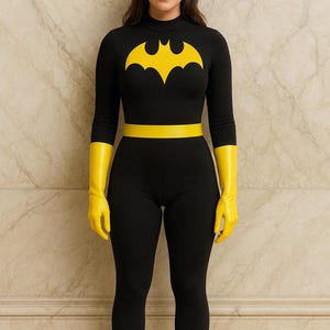 Batgirl Inspired Cosplay Costume | Black and Yellow Jumpsuit, Cape & Gloves | Heroine Suit for Comic Con