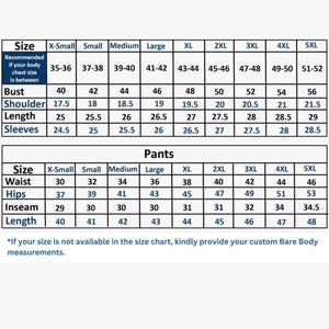 K&ouml;nnte beinhalten: Gr&ouml;&szlig;entabelle f&uuml;r Kleidung mit Ma&szlig;en in Zoll f&uuml;r Brust, Schulter, L&auml;nge, &Auml;rmel, Taille, H&uuml;fte, Schrittl&auml;nge und L&auml;nge. Die Tabelle umfasst die Gr&ouml;&szlig;en von XS bis 5XL.