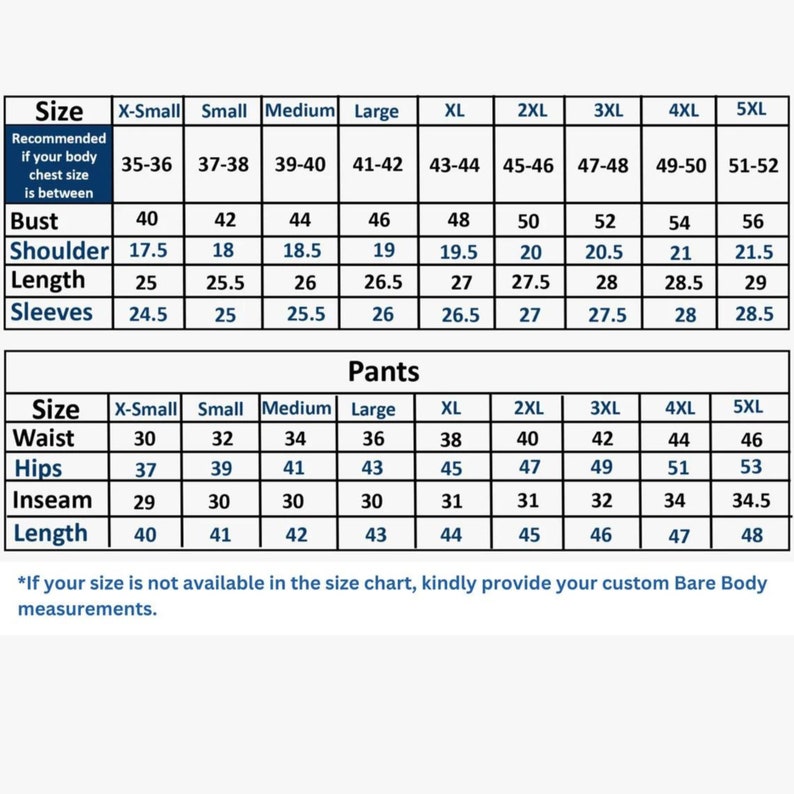K&ouml;nnte beinhalten: Gr&ouml;&szlig;entabelle f&uuml;r Kleidung mit Ma&szlig;en in Zoll f&uuml;r Brust, Schulter, L&auml;nge, &Auml;rmel, Taille, H&uuml;fte, Schrittl&auml;nge und L&auml;nge. Die Tabelle umfasst die Gr&ouml;&szlig;en von XS bis 5XL.