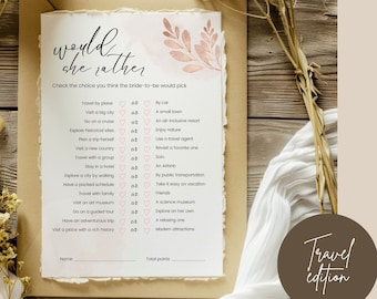 Would She Rather Bridal Shower Game Template - Travel Edition, Would Bride Rather, Who Knows The Bride, Newlywed Game, Bridal Game Canva