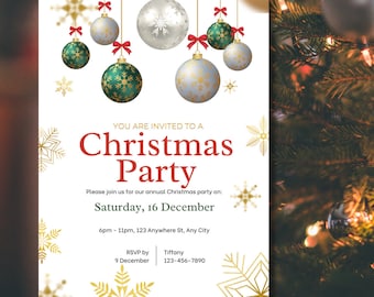 Może przedstawiać: Zaproszenie na przyjęcie bożonarodzeniowe z białym tłem. Tekst "Christmas Party" jest czerwony. Projekt zawiera wiszące bombki, płatki śniegu i datę: sobota, 16 grudnia. Szczegóły RSVP są również zawarte.