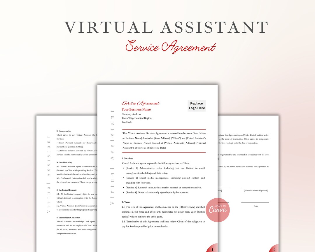 Virtual Assistant Agreement Template Virtual Assistant Editable Virtual Assistant Agreement Template Virtual Assistant Editable
