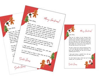 May include: Christmas letter stationery featuring a message from Santa Claus. The white paper has red borders with festive gingerbread men, candy canes, and Christmas trees. The text reads "Merry Christmas!"