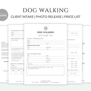 May include: A black and white printable dog walking client intake form with sections for veterinary information, dog medical history, client information, emergency contact details, dog information, and service schedule. The form includes a paw print logo and the text "Dog Walking Client Intake Form".