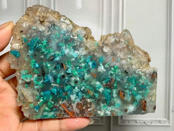 Slab - Raw Chrysocolla confetti,Chalcedony,super rare,display Size(82x54x12mm)