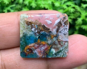 Cabochons Kleine, Chrysokoll Konfetti gebürtiges Kupfer auf Chalzedon || Edelstein Schmuck in der Größe ( 21,1x19,2 x 3,2 mm )