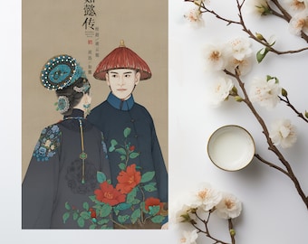 May include: A painting of two people in traditional Chinese clothing. The woman is wearing a blue and white dress with a floral pattern. The man is wearing a blue and black robe with a red hat. The painting is set against a background of flowers.