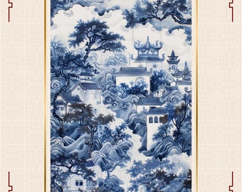 Chinoiserie painting: Chinese village and pagoda