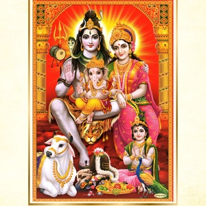 May include: A colorful illustration of the Hindu deities Shiva, Parvati, and Ganesha. Shiva is depicted with a blue skin tone, a third eye, and a snake around his neck. Parvati is depicted with a red skin tone and a crown. Ganesha is depicted with an elephant head and a yellow skin tone. The deities are surrounded by a red background with gold accents.