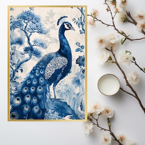 Blue Plume Harmony: Minimalist Chinoiserie Peacock Drawing