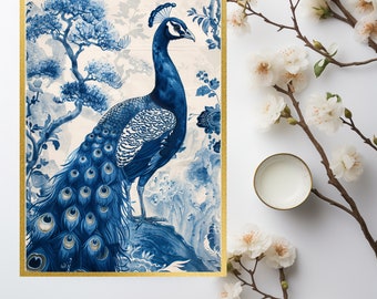 Blue Plume Harmony: Minimalist Chinoiserie Peacock Drawing