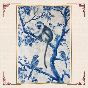 Chinoiserie painting print: Monkey, birds and flowers
