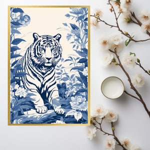 Minimalist Blue & White Chinoiserie: Tiger Elegance