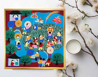 Signed Chinese New Year Oriental Huxian Jinshan Peasant Art Asian
