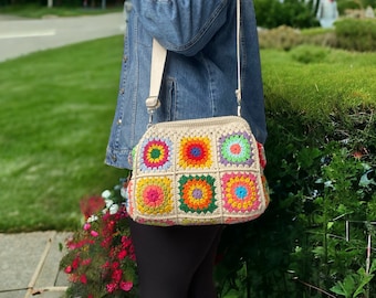 Crochet Granny Square Colorful Clasp Clutch, Trend Evening Bag With Adjustable Strap, Vintage Style Purse