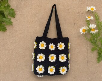 Crochet Granny Square Black Tote Bag, Crochet 3D Flower